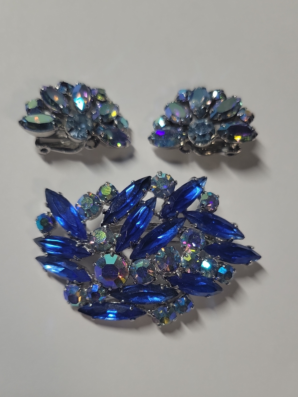 Elegant Blue Crystal Brooch and Clip-On Earring Set